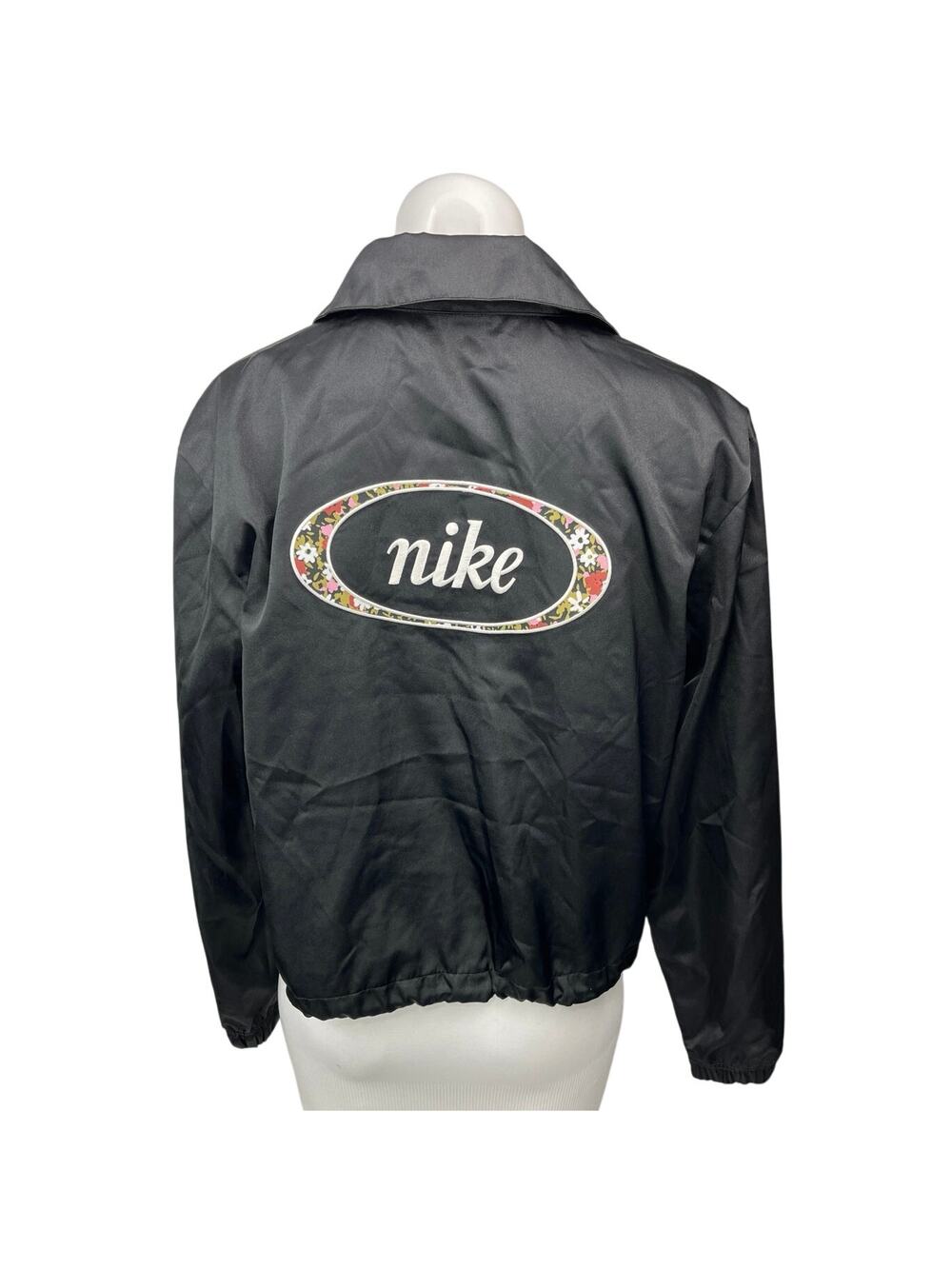 Nike Women's Black Silk Satin Button Down Embroidered Logo Bomber Jacket Top S